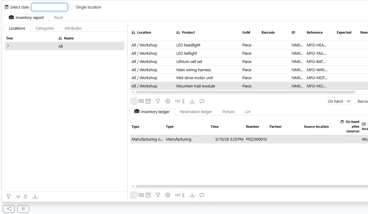 Informe de inventario de MyCompany con ubicaciones, cantidades disponibles e historial de movimientos